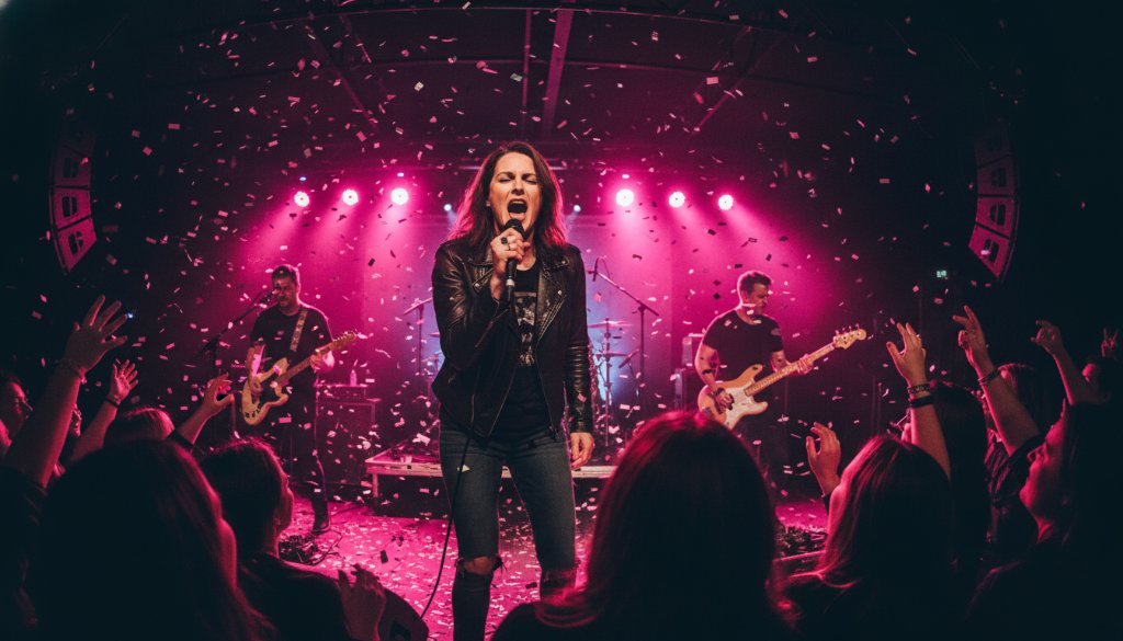 A wide shot capturing an electrifying stage moment at a live music concert in Mont Albert, Victoria, showcasing a lead guitarist mid-shred with dramatic red and blue stage lighting, a passionate crowd silhouetted in the foreground, and the vibrant energy of Mont Albert live music photography.