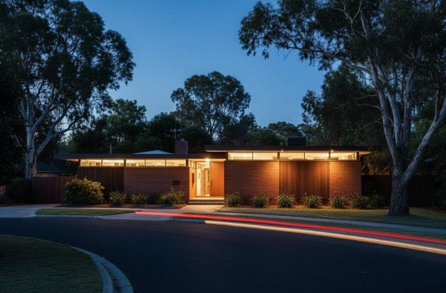 Dramatic long-exposure photograph of a distinctive mid-century modern home in Mont Albert North, showcasing its unique architectural details at blue hour, with warm interior lights glowing and a professional, cinematic colour grade, embodying Mont Albert North architecture photography insights.