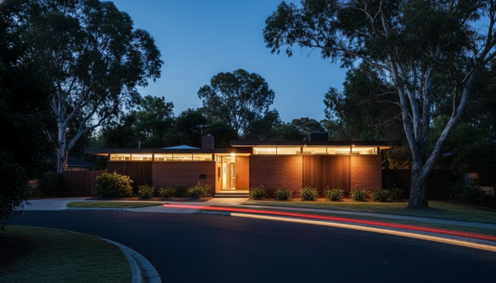 Dramatic long-exposure photograph of a distinctive mid-century modern home in Mont Albert North, showcasing its unique architectural details at blue hour, with warm interior lights glowing and a professional, cinematic colour grade, embodying Mont Albert North architecture photography insights.