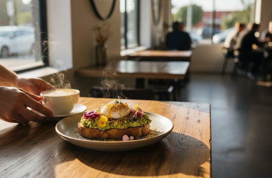 Dramatic, close-up shot of a beautifully plated brunch dish, possibly avocado toast with a perfectly poached egg, steam rising subtly, on a rustic wooden table in a sunlit Mont Albert North artisanal cafe. The Mont Albert North artisanal cafe food photography captures the warmth and freshness with shallow depth of field, highlighting textures and vibrant colours.