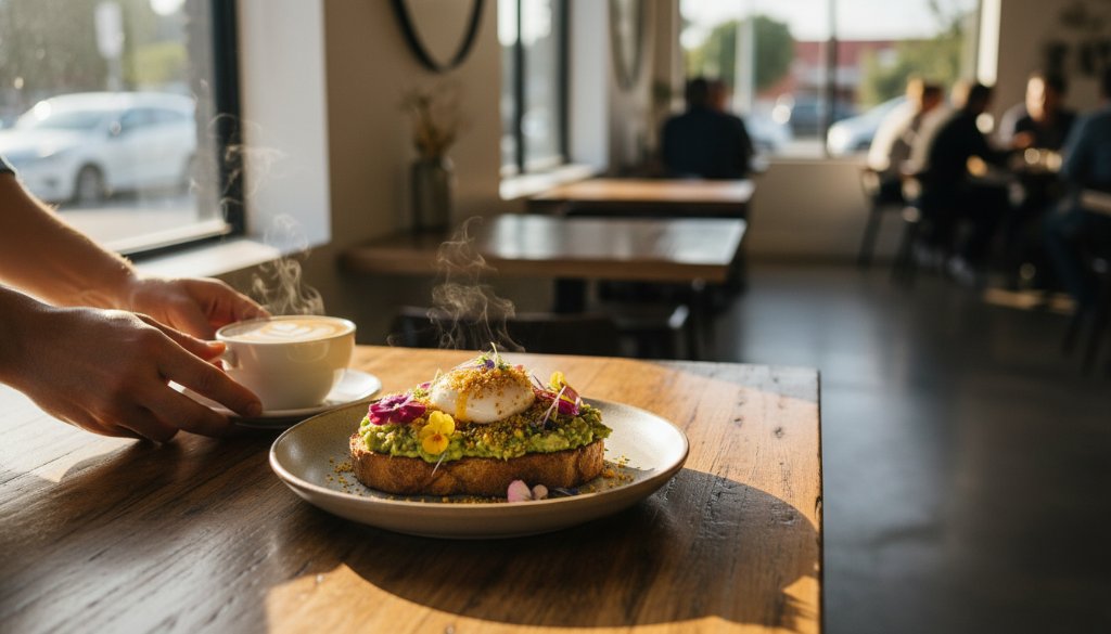 Dramatic, close-up shot of a beautifully plated brunch dish, possibly avocado toast with a perfectly poached egg, steam rising subtly, on a rustic wooden table in a sunlit Mont Albert North artisanal cafe. The Mont Albert North artisanal cafe food photography captures the warmth and freshness with shallow depth of field, highlighting textures and vibrant colours.