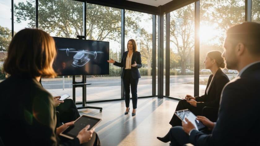 Mont Albert North Business Branding Photography Experts capture a dramatic wide-angle shot of a local Mont Albert North small business owner confidently presenting their innovative product in a beautifully designed modern office, bathed in golden hour sunlight, highlighting their brand's success and professionalism.