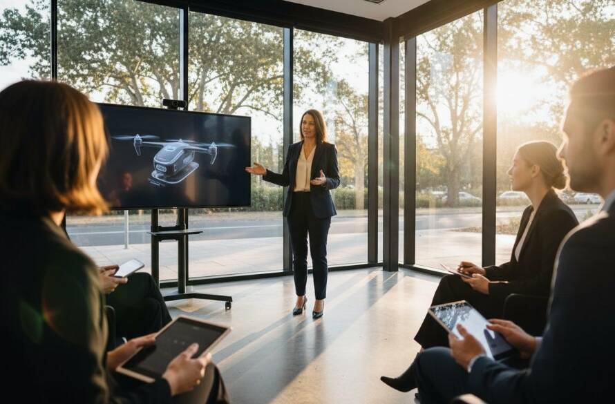 Mont Albert North Business Branding Photography Experts capture a dramatic wide-angle shot of a local Mont Albert North small business owner confidently presenting their innovative product in a beautifully designed modern office, bathed in golden hour sunlight, highlighting their brand's success and professionalism.