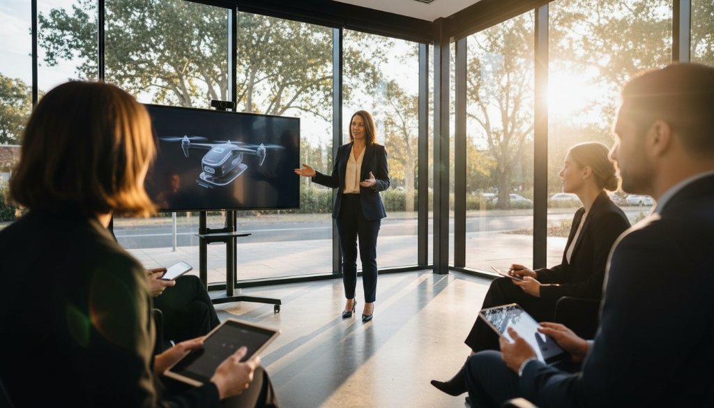 Mont Albert North Business Branding Photography Experts capture a dramatic wide-angle shot of a local Mont Albert North small business owner confidently presenting their innovative product in a beautifully designed modern office, bathed in golden hour sunlight, highlighting their brand's success and professionalism.