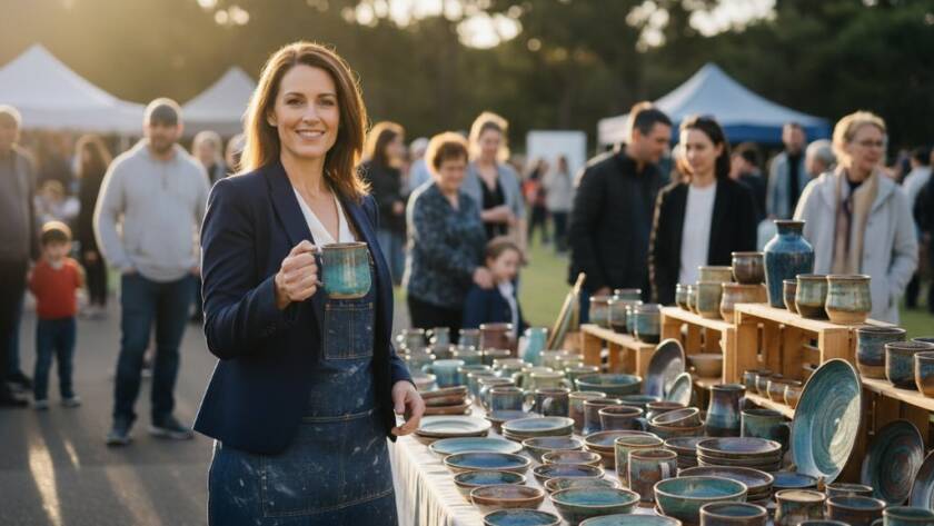 Dynamic, cinematic wide shot of a local small business owner in Mont Albert North proudly showcasing their craft at a market stall, surrounded by a vibrant community, captured with stunning dramatic natural light to illustrate Mont Albert North editorial photography for local businesses.