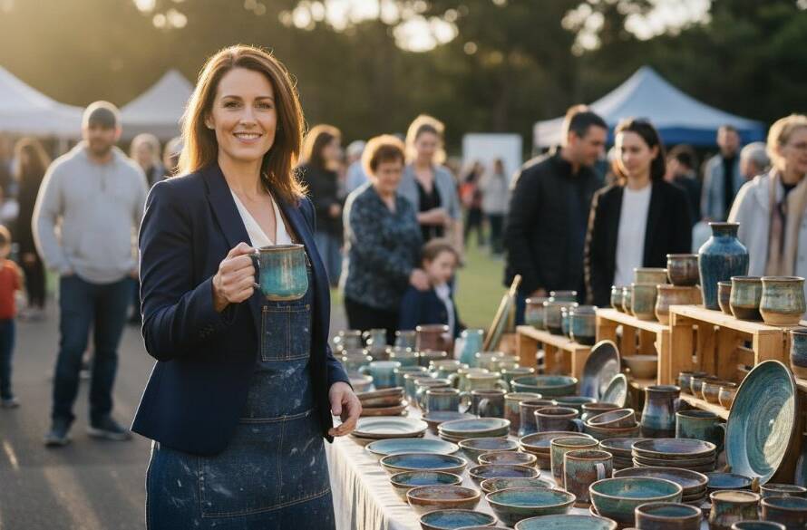 Dynamic, cinematic wide shot of a local small business owner in Mont Albert North proudly showcasing their craft at a market stall, surrounded by a vibrant community, captured with stunning dramatic natural light to illustrate Mont Albert North editorial photography for local businesses.