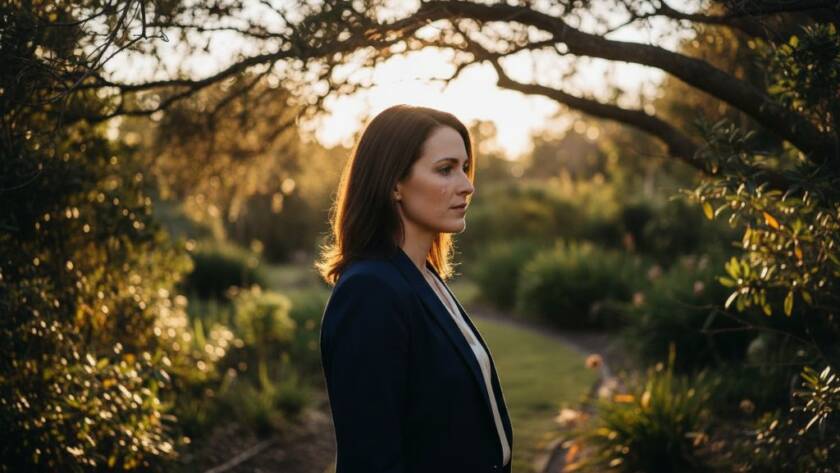 A powerful fine art portrait, an epic moment of a person's raw emotion against the soft, natural light of a garden in Mont Albert North, encapsulating Mont Albert North fine art photography capturing personal narratives.