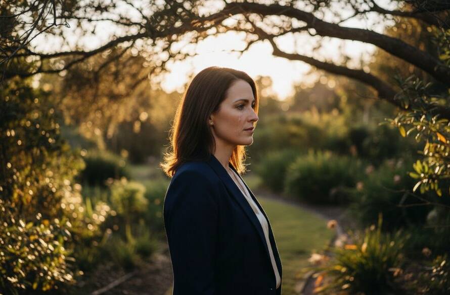 A powerful fine art portrait, an epic moment of a person's raw emotion against the soft, natural light of a garden in Mont Albert North, encapsulating Mont Albert North fine art photography capturing personal narratives.