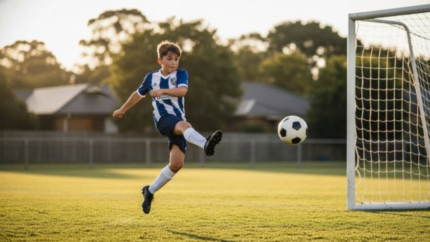 Dynamic, low-angle shot of a young soccer player in Mont Albert North scoring a goal, mid-air kick, ball in flight, sun setting behind them creating a dramatic silhouette and lens flare, capturing an epic moment in Mont Albert North junior soccer photography.