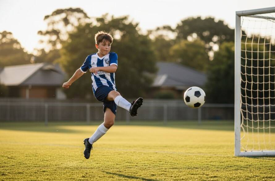 Dynamic, low-angle shot of a young soccer player in Mont Albert North scoring a goal, mid-air kick, ball in flight, sun setting behind them creating a dramatic silhouette and lens flare, capturing an epic moment in Mont Albert North junior soccer photography.
