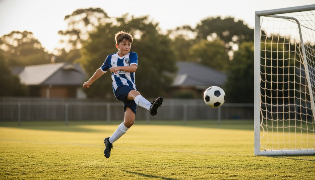 Dynamic, low-angle shot of a young soccer player in Mont Albert North scoring a goal, mid-air kick, ball in flight, sun setting behind them creating a dramatic silhouette and lens flare, capturing an epic moment in Mont Albert North junior soccer photography.