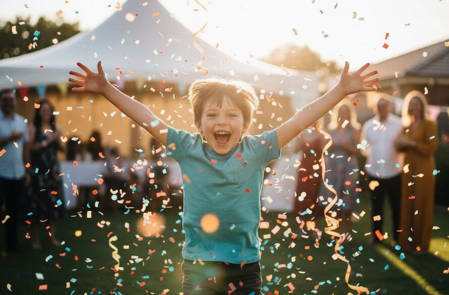 A delighted child, mid-laughter, is showered in colourful confetti at a backyard birthday celebration in Mont Albert North, expertly captured by a professional kids party photographer with dramatic, golden hour lighting.