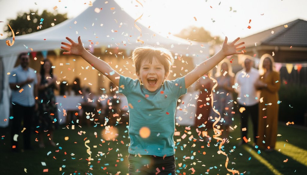 A delighted child, mid-laughter, is showered in colourful confetti at a backyard birthday celebration in Mont Albert North, expertly captured by a professional kids party photographer with dramatic, golden hour lighting.