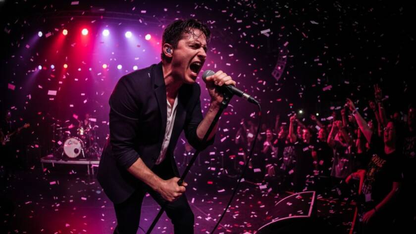Dramatic shot of a lead guitarist mid-solo on stage, bathed in vibrant blue and red stage lights, crowd's hands raised in the foreground, capturing the essence of Mont Albert North live music photography Melbourne.