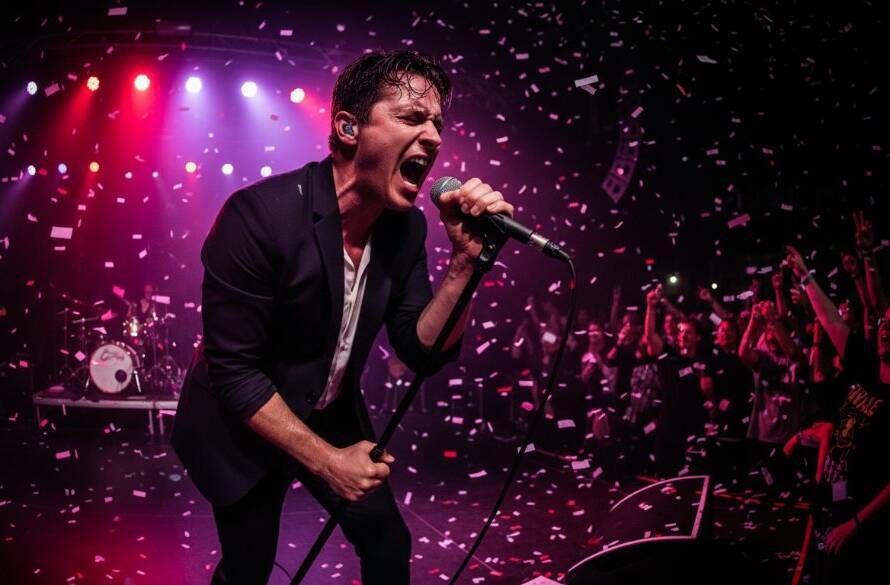 Dramatic shot of a lead guitarist mid-solo on stage, bathed in vibrant blue and red stage lights, crowd's hands raised in the foreground, capturing the essence of Mont Albert North live music photography Melbourne.