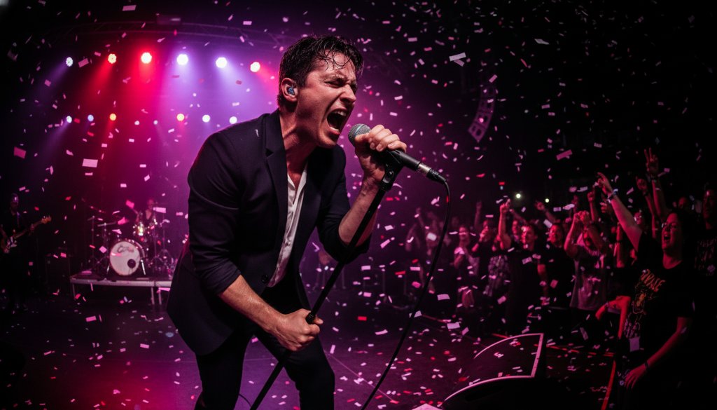 Dramatic shot of a lead guitarist mid-solo on stage, bathed in vibrant blue and red stage lights, crowd's hands raised in the foreground, capturing the essence of Mont Albert North live music photography Melbourne.