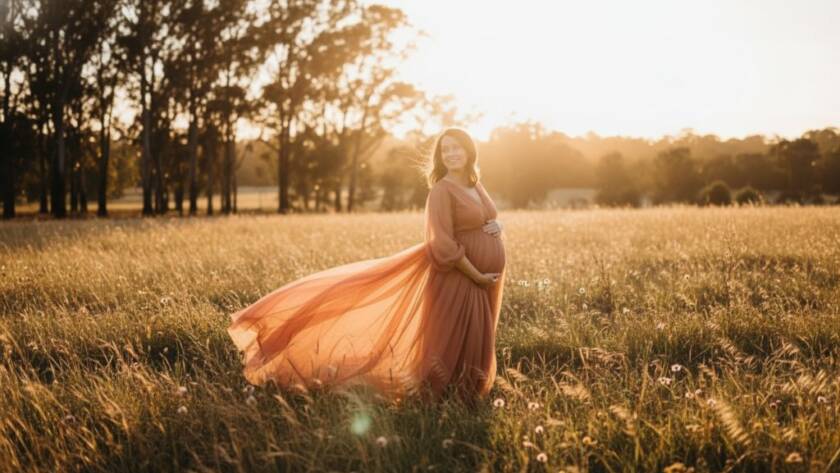 A radiant expectant mother in Mont Albert North with a flowing gown, silhouetted against a golden sunset, creating stunning Mont Albert North maternity photography ethereal portraits, captured with dramatic lighting.