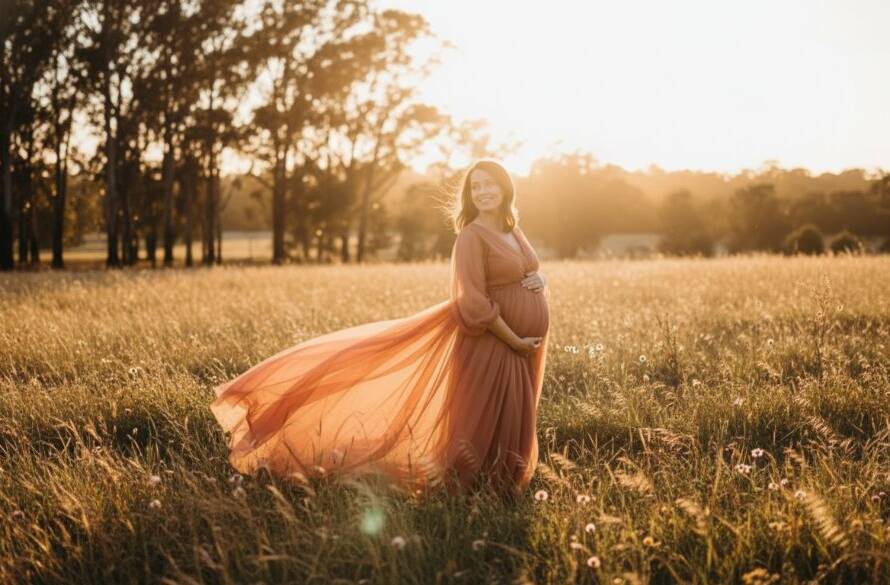 A radiant expectant mother in Mont Albert North with a flowing gown, silhouetted against a golden sunset, creating stunning Mont Albert North maternity photography ethereal portraits, captured with dramatic lighting.