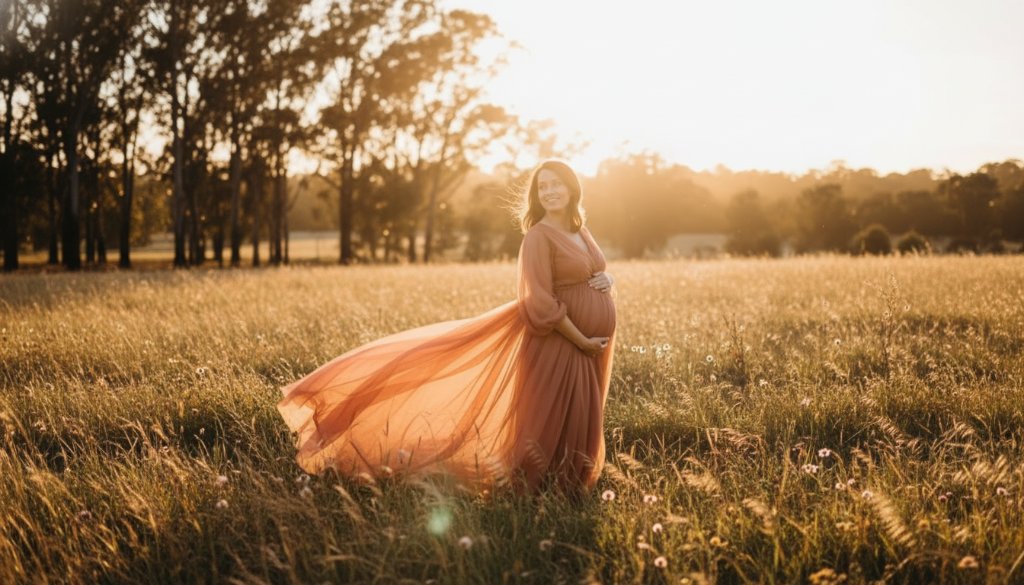 A radiant expectant mother in Mont Albert North with a flowing gown, silhouetted against a golden sunset, creating stunning Mont Albert North maternity photography ethereal portraits, captured with dramatic lighting.
