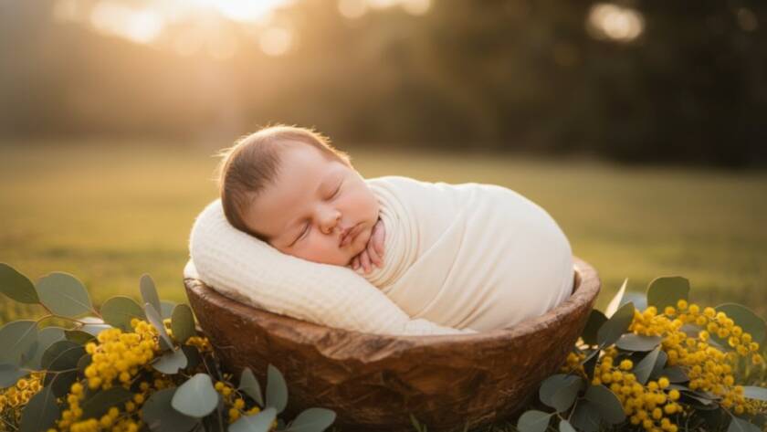 A heartwarming, professionally color-graded photograph capturing a Mont Albert North Newborn Photography Cherished Moments: A sleeping baby wrapped in soft cream fabric, nestled in a rustic wooden basket, illuminated by dramatic, gentle side lighting creating a peaceful, ethereal glow, with delicate eucalyptus leaves subtly blurred in the background, evoking a sense of calm and new beginnings.