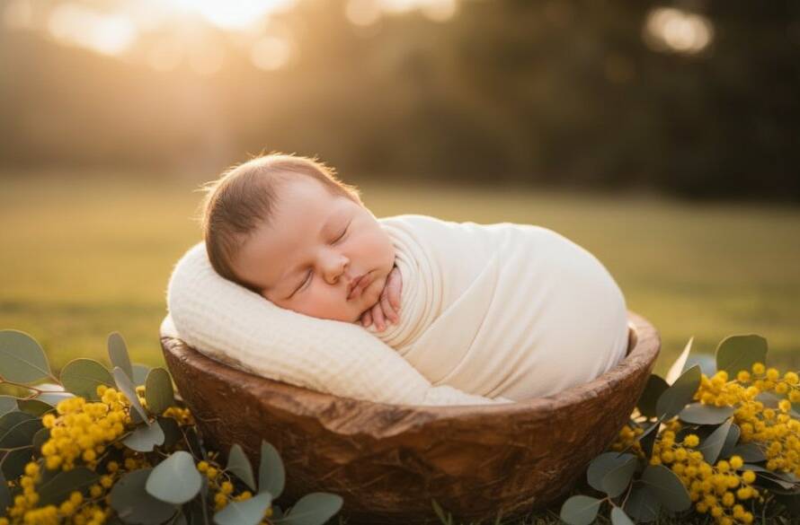 A heartwarming, professionally color-graded photograph capturing a Mont Albert North Newborn Photography Cherished Moments: A sleeping baby wrapped in soft cream fabric, nestled in a rustic wooden basket, illuminated by dramatic, gentle side lighting creating a peaceful, ethereal glow, with delicate eucalyptus leaves subtly blurred in the background, evoking a sense of calm and new beginnings.