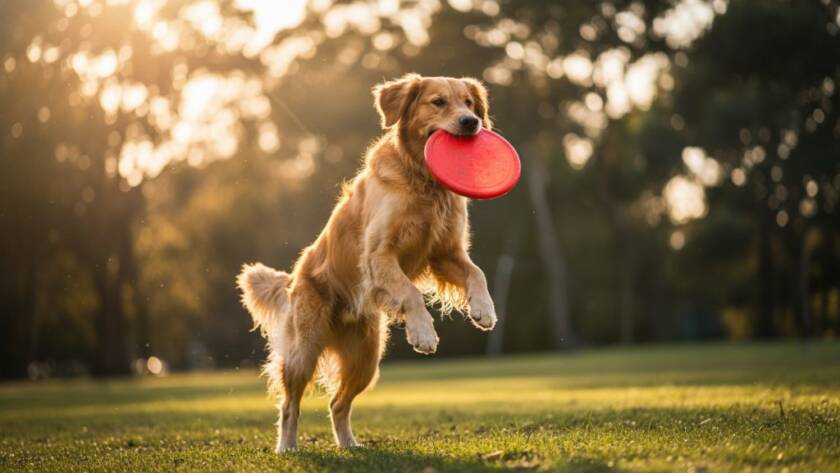 An epic moment captured in Mont Albert North pet photography adventures: a golden retriever mid-leap, fetching a frisbee in a sun-dappled park, with lush green trees and suburban houses softly blurred in the background, exuding joy and energy. Professional, colour-graded cinematic photo.