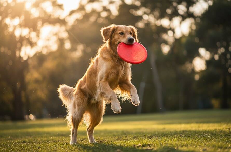 An epic moment captured in Mont Albert North pet photography adventures: a golden retriever mid-leap, fetching a frisbee in a sun-dappled park, with lush green trees and suburban houses softly blurred in the background, exuding joy and energy. Professional, colour-graded cinematic photo.