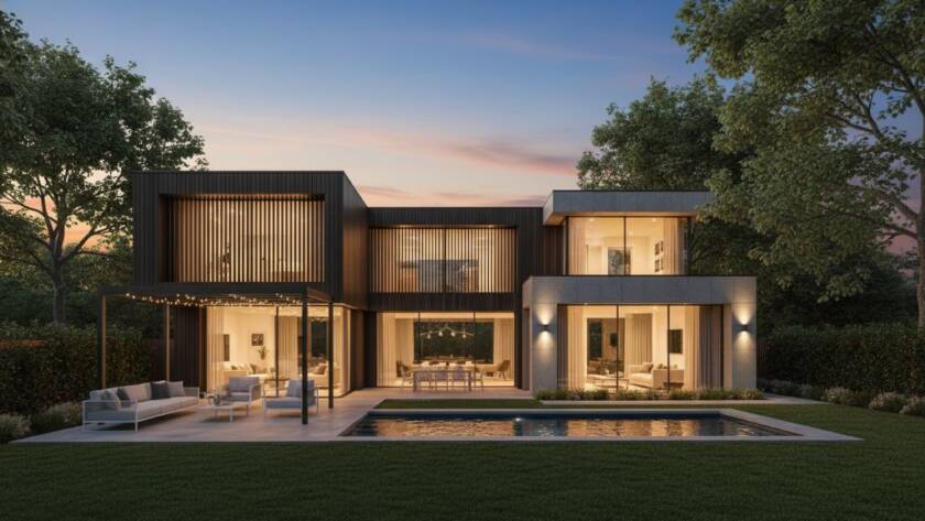 An epic aerial shot of a beautifully staged family home in Mont Albert North, showcasing its lush garden and modern architecture under a golden hour glow, expertly captured through Mont Albert North real estate photography for stunning property listings.