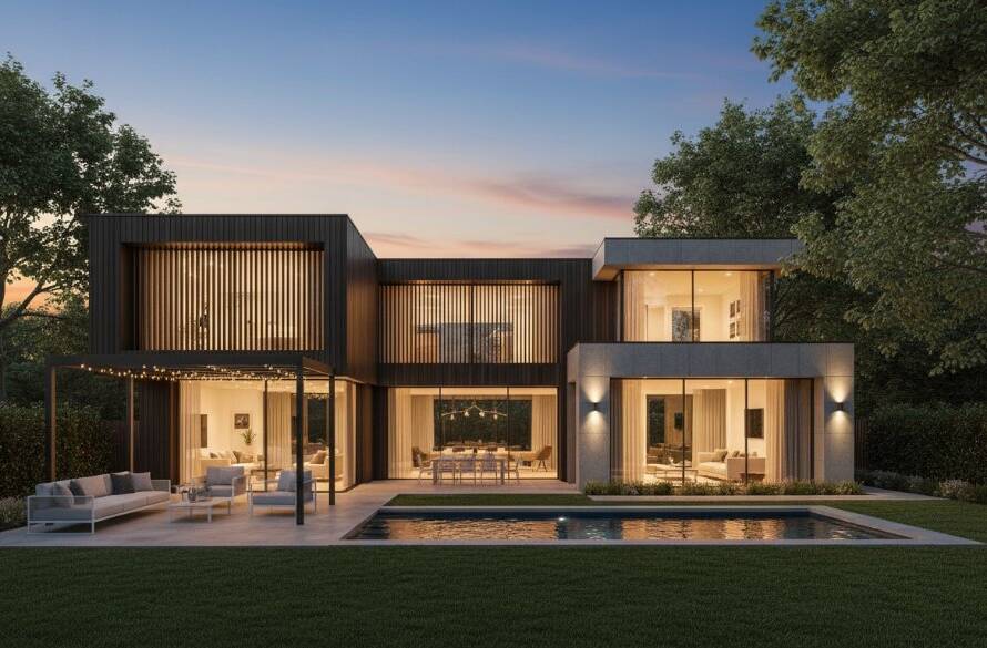 An epic aerial shot of a beautifully staged family home in Mont Albert North, showcasing its lush garden and modern architecture under a golden hour glow, expertly captured through Mont Albert North real estate photography for stunning property listings.