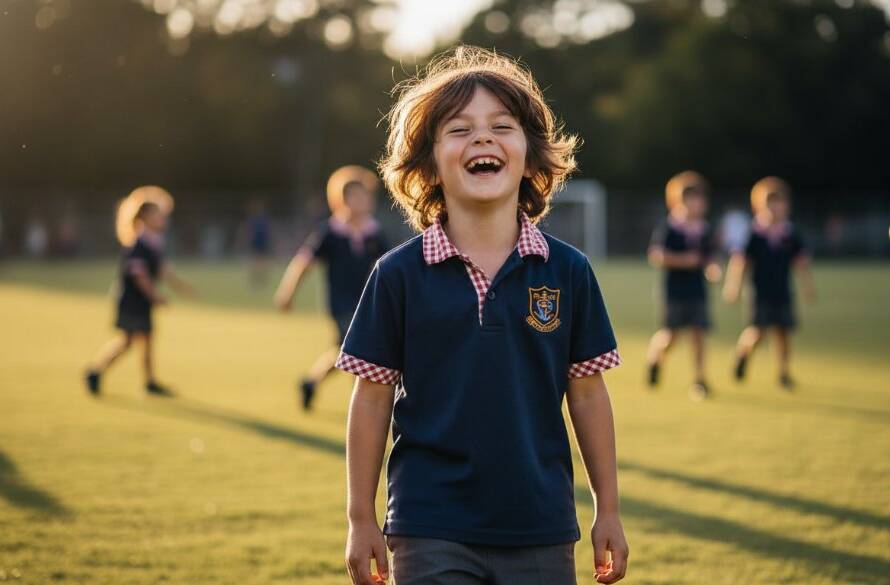 Dramatic, sun-drenched photograph capturing a genuine, joyful smile from a primary school student during Mont Albert North school photography, with a blurred backdrop of classmates and the school playground, conveying an epic moment of childhood happiness.