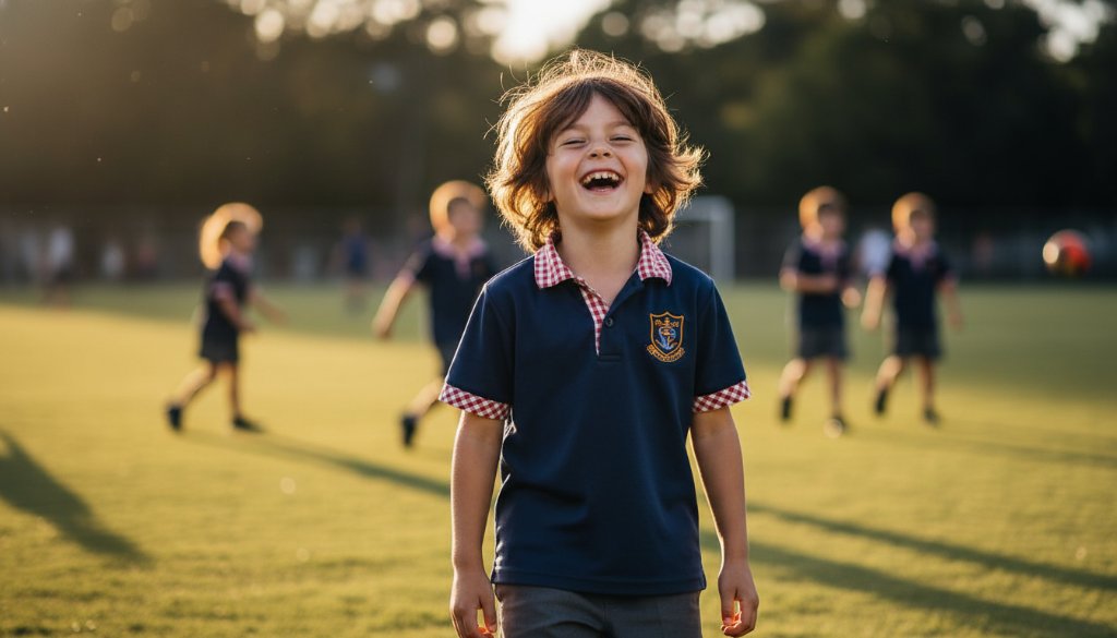 Dramatic, sun-drenched photograph capturing a genuine, joyful smile from a primary school student during Mont Albert North school photography, with a blurred backdrop of classmates and the school playground, conveying an epic moment of childhood happiness.