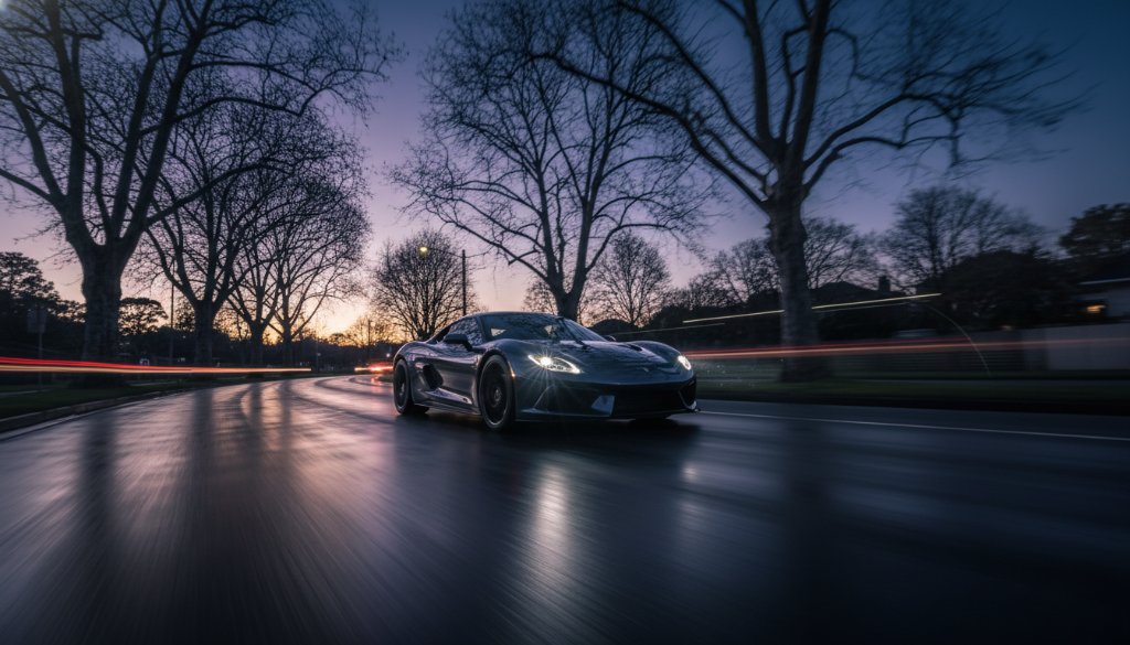 Dramatic low-angle shot of a sleek, dark performance sports car speeding through a scenic tree-lined street in Mont Albert during twilight, showcasing its dynamic lines and the glow of its headlights, epitomizing Mont Albert performance car photography.