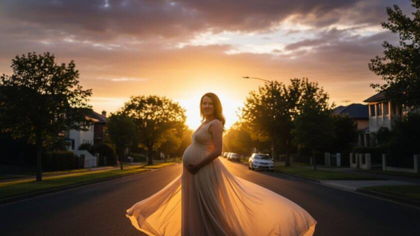 An epic moment of a glowing expectant mother at her Mont Albert radiant maternity photoshoot Victoria, captured at sunset with dramatic backlighting and a serene natural backdrop, embodying grace and anticipation.