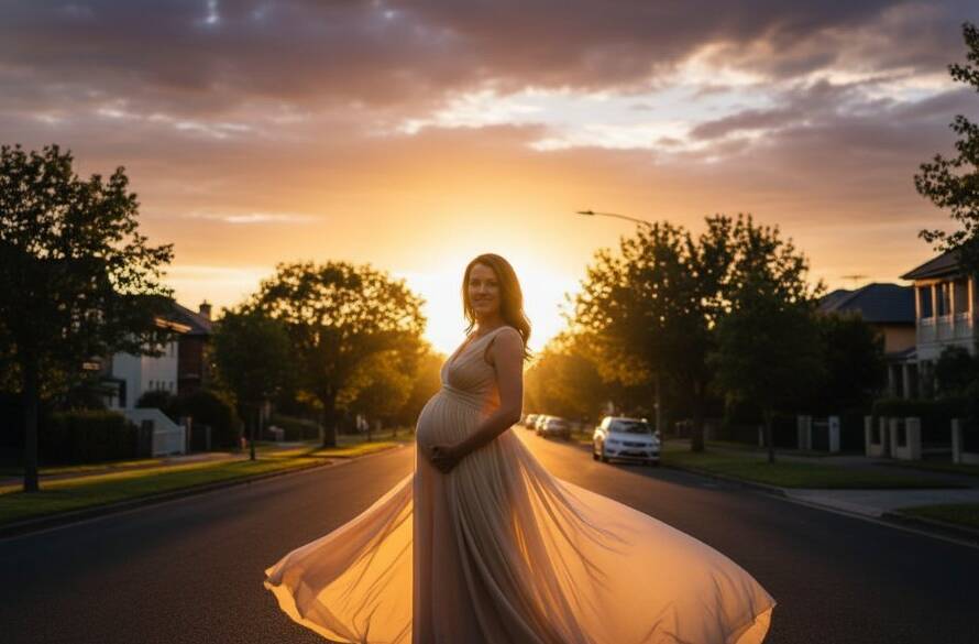 An epic moment of a glowing expectant mother at her Mont Albert radiant maternity photoshoot Victoria, captured at sunset with dramatic backlighting and a serene natural backdrop, embodying grace and anticipation.