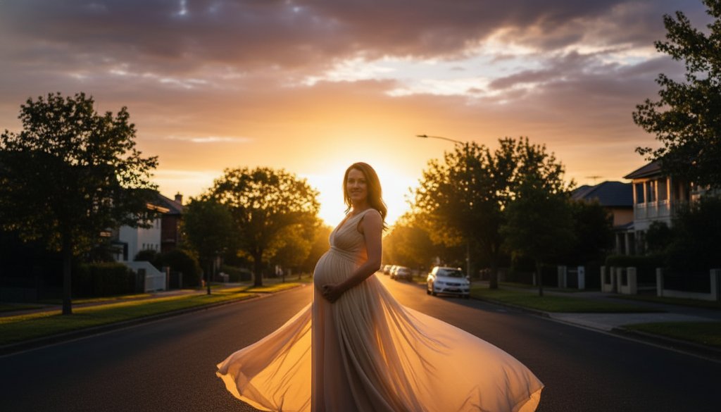 An epic moment of a glowing expectant mother at her Mont Albert radiant maternity photoshoot Victoria, captured at sunset with dramatic backlighting and a serene natural backdrop, embodying grace and anticipation.