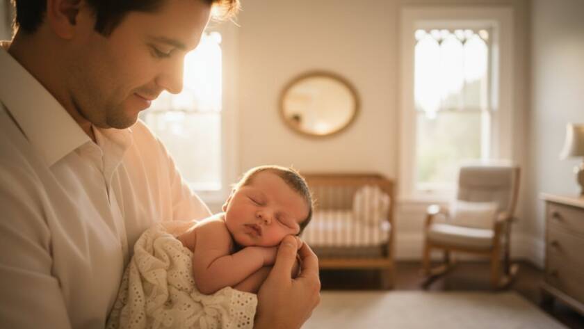 A tender, epic moment of Mont Albert Victoria newborn family photography, showing parents gently holding their peacefully sleeping baby, bathed in soft, warm light from a large window in a beautifully styled Mont Albert home, capturing a timeless, emotional connection.