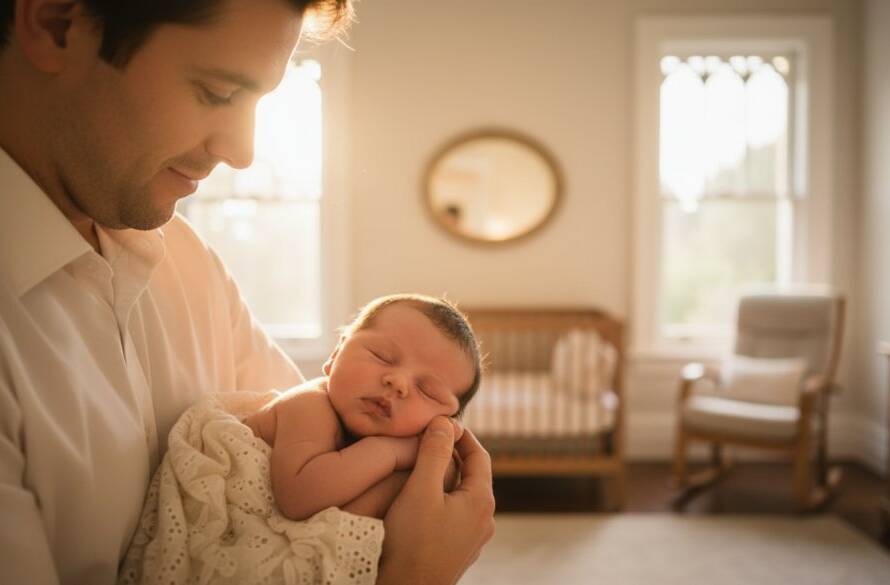 A tender, epic moment of Mont Albert Victoria newborn family photography, showing parents gently holding their peacefully sleeping baby, bathed in soft, warm light from a large window in a beautifully styled Mont Albert home, capturing a timeless, emotional connection.