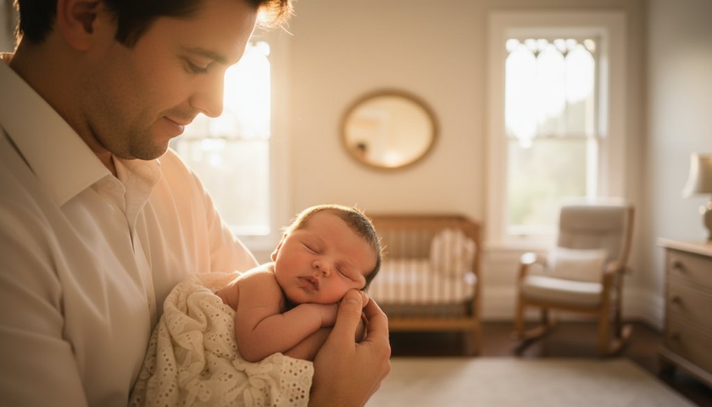 A tender, epic moment of Mont Albert Victoria newborn family photography, showing parents gently holding their peacefully sleeping baby, bathed in soft, warm light from a large window in a beautifully styled Mont Albert home, capturing a timeless, emotional connection.