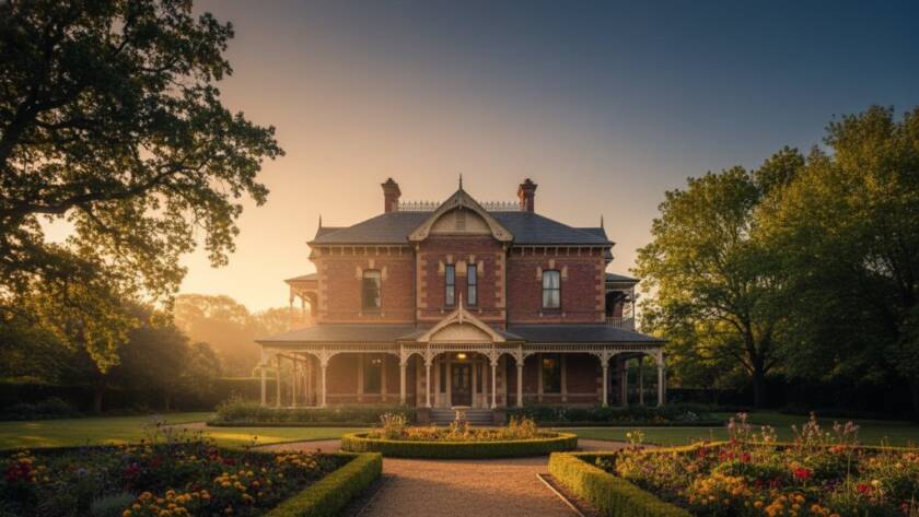 A dramatic, wide-angle photograph by Mont Albert Victorian Architecture Photography Experts capturing the golden hour light hitting the intricate facade of a grand Victorian era home in Mont Albert, Victoria, Australia, with long shadows and a deep blue sky, evoking a timeless and elegant feel.