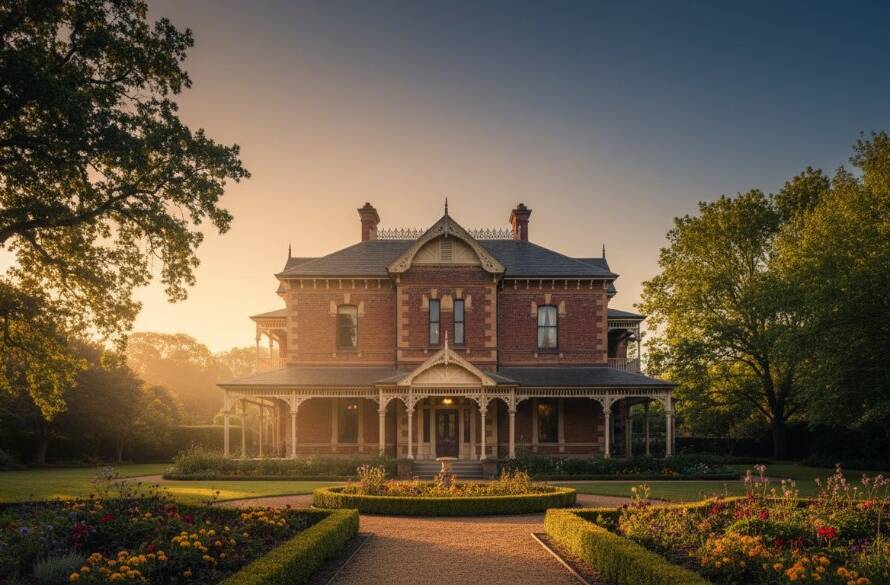 A dramatic, wide-angle photograph by Mont Albert Victorian Architecture Photography Experts capturing the golden hour light hitting the intricate facade of a grand Victorian era home in Mont Albert, Victoria, Australia, with long shadows and a deep blue sky, evoking a timeless and elegant feel.