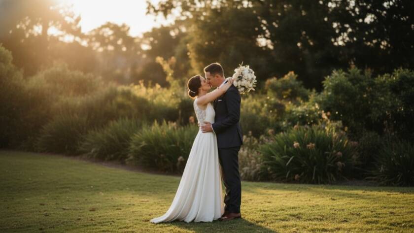 An epic, emotionally charged moment of a newlywed couple embracing under the dramatic golden hour light in a beautiful Mont Albert park, showcasing Mont Albert wedding photography authentic storytelling with professional colour grading.