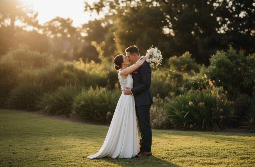 An epic, emotionally charged moment of a newlywed couple embracing under the dramatic golden hour light in a beautiful Mont Albert park, showcasing Mont Albert wedding photography authentic storytelling with professional colour grading.