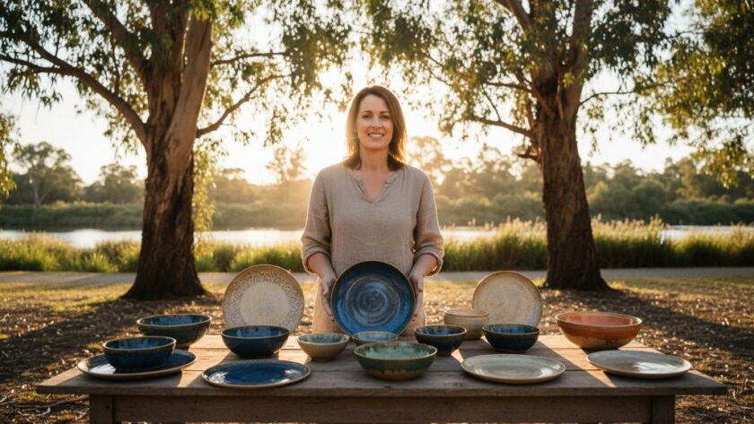 Close-up of a meticulously handcrafted ceramic bowl, showcasing intricate textures and earthy tones, artfully arranged on a sun-drenched, aged timber table outdoors near the Goulburn River, embodying the essence of Mooroopna artisanal product photography for local makers.