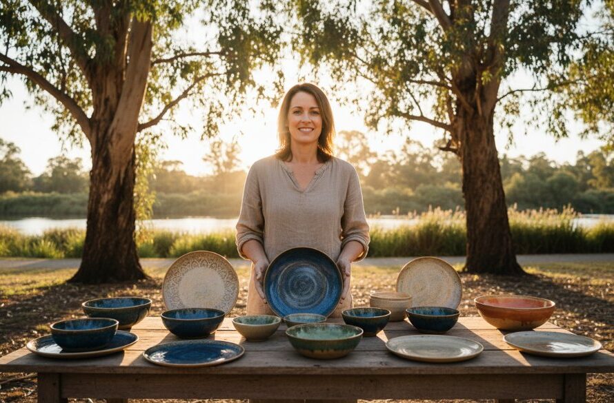 Close-up of a meticulously handcrafted ceramic bowl, showcasing intricate textures and earthy tones, artfully arranged on a sun-drenched, aged timber table outdoors near the Goulburn River, embodying the essence of Mooroopna artisanal product photography for local makers.
