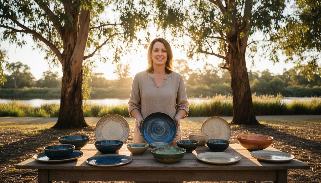 Close-up of a meticulously handcrafted ceramic bowl, showcasing intricate textures and earthy tones, artfully arranged on a sun-drenched, aged timber table outdoors near the Goulburn River, embodying the essence of Mooroopna artisanal product photography for local makers.