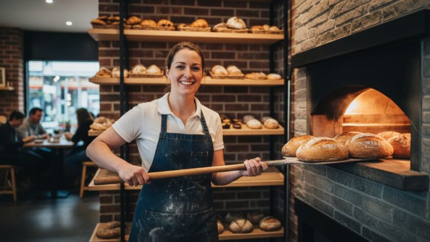 An inspiring wide shot of a local small business owner proudly showcasing their artisanal products inside their boutique store in Mooroopna, bathed in golden hour light, embodying professional Mooroopna business branding photography Victoria.