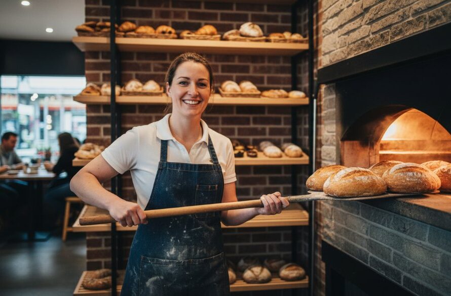 An inspiring wide shot of a local small business owner proudly showcasing their artisanal products inside their boutique store in Mooroopna, bathed in golden hour light, embodying professional Mooroopna business branding photography Victoria.