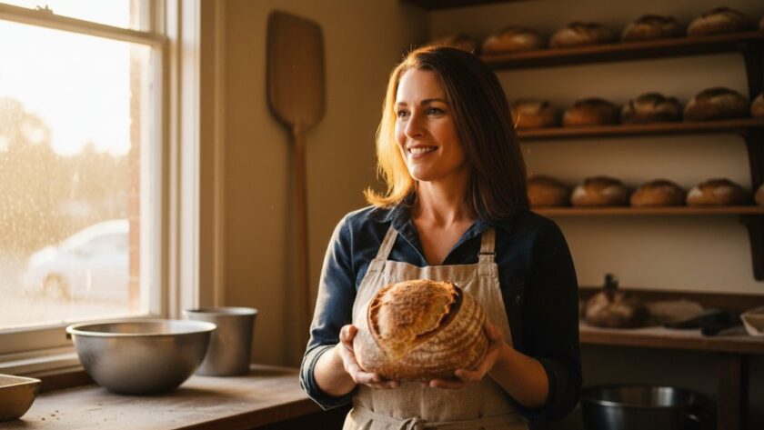 An epic moment captured through Mooroopna editorial photography for local businesses, featuring a local artisanal baker proudly presenting a freshly baked sourdough loaf in their rustic Mooroopna bakery, with warm, dramatic lighting highlighting the texture and a genuine smile.