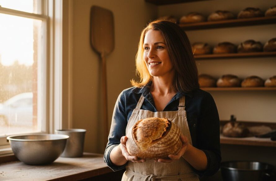 An epic moment captured through Mooroopna editorial photography for local businesses, featuring a local artisanal baker proudly presenting a freshly baked sourdough loaf in their rustic Mooroopna bakery, with warm, dramatic lighting highlighting the texture and a genuine smile.