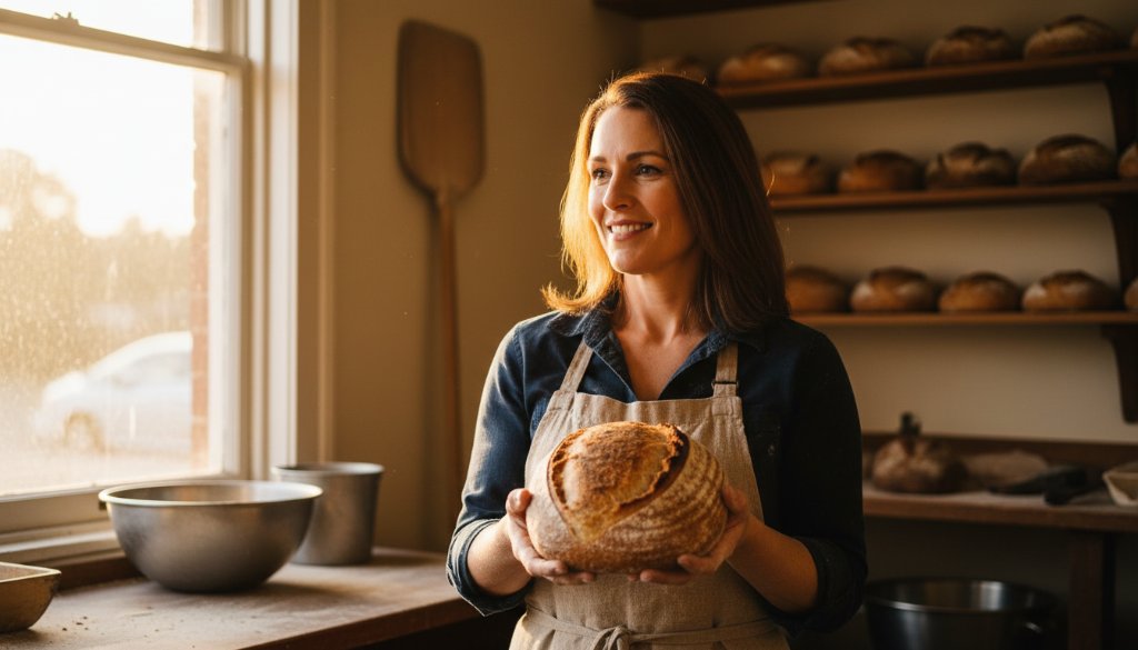 An epic moment captured through Mooroopna editorial photography for local businesses, featuring a local artisanal baker proudly presenting a freshly baked sourdough loaf in their rustic Mooroopna bakery, with warm, dramatic lighting highlighting the texture and a genuine smile.